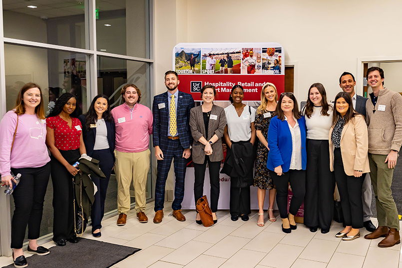 Thirteen members of a young professionals panel gave a discussion and took questions from students at an event in November 2022 hosted by the Club Management Association of America student chapter.