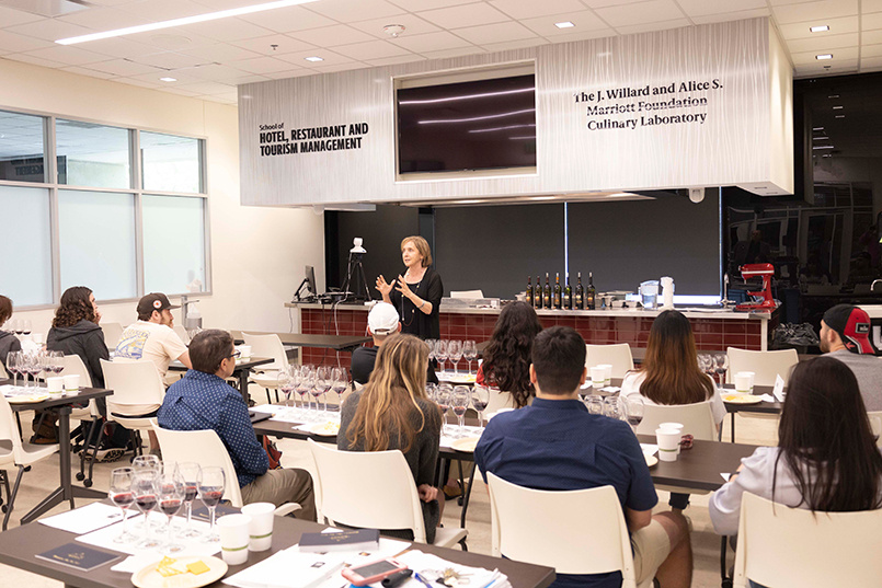 Sandy Strick teaches a wine tasting class in the Marriott Lab.