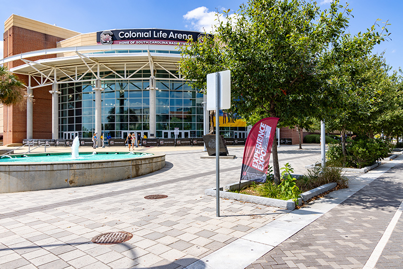 An outside view of Colonial Life Arena in Columbia, South Carolina, on a sunny day.