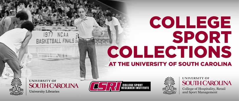 1967 image of Frank McGuire coaching on the basketball court at the University of South Carolina merged with other graphic elements.