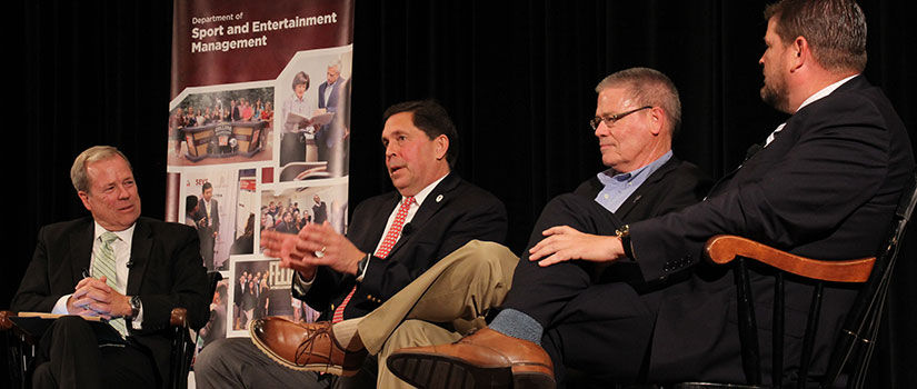 Pictured are Duane Parrish, Steve Wilmot, Kerry Tharp and Bob Moran during a panel discussion at the Regan Executive Lecture Series.