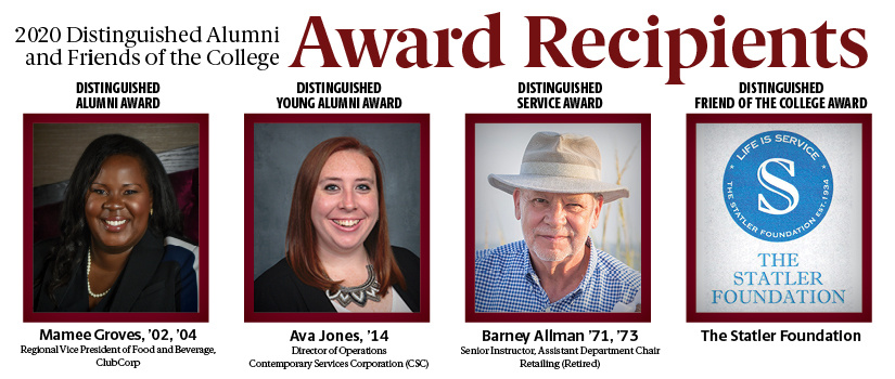 Pictured in the banner image are distinguished alumni and friends of the college award winners Mamee Groves, Ava Jones, Barney Allman and the Statler Foundation