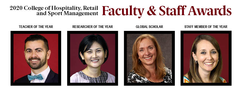 Image of all faculty staff award winners, Armen Shaomian, Miyoung Jeong, Sandy Strick and Jessica Harris.