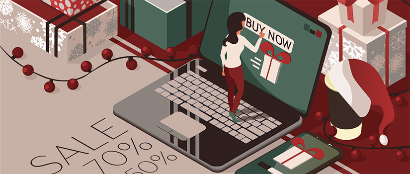 Holiday shopping during covid-19 promises to be good for online retailers. Illustration shows a small woman standing on a laptop keyboard about to press the "buy" button on the screen.