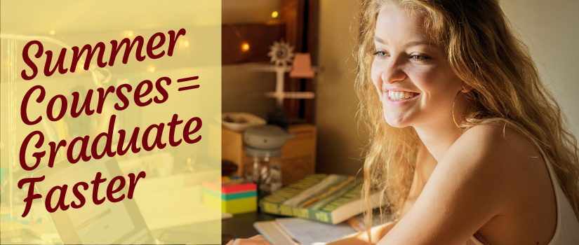 Generic image of smiling student combined with summer courses graphic text.