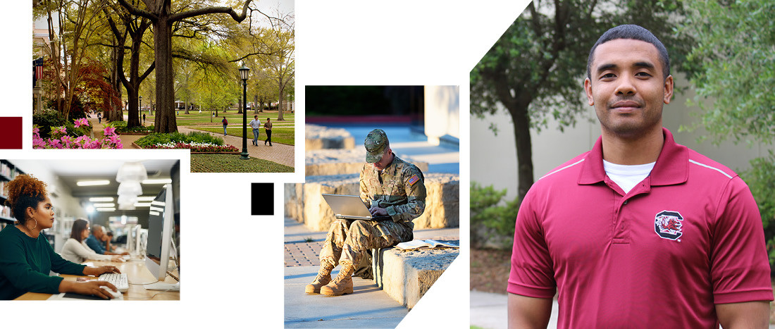 Mosiac of images including a professional woman using a public computer, a soldier on a laptop, a UofSC student in a garnet shirt, and a spring day on the Horseshoe