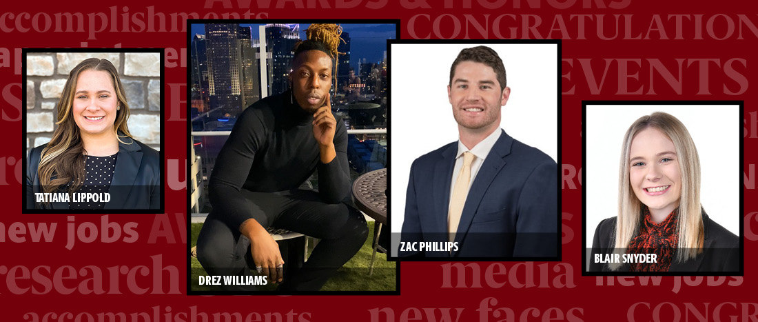 Graphic composite of the words: accomplishments, promotions, new positions, congratulations, etc. and headshots of Tatiana Lippold, Drez Williams, Zac Phillips and Blair Snyder