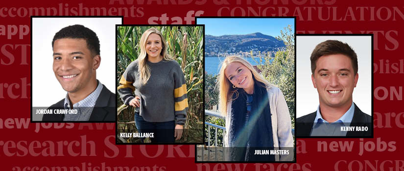 Graphic composite of the words: accomplishments, promotions, new positions, congratulations, etc. and headshots of Tatiana Lippold, Drez Williams, Zac Phillips and Blair Snyder