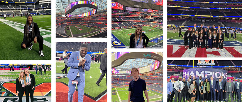 UofSC sport and entertainment students working at Super Bowl LVI pose on the field at SoFi Stadium.