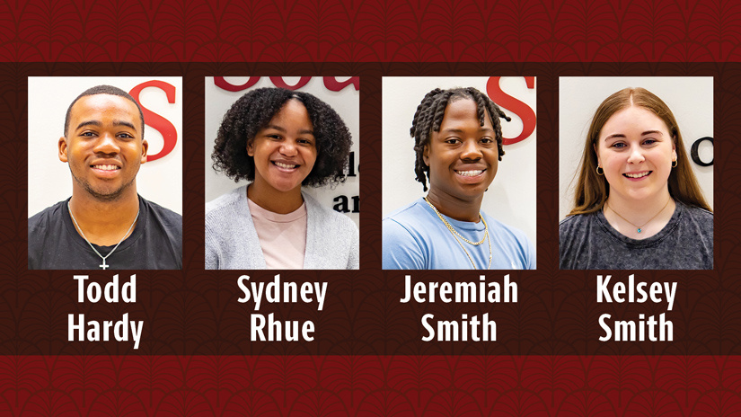 Graphic featuring headshots of the third cohort of Tepper Scholars, Todd Hardy, Sydney Rhue, Jeremiah Smith and Kelsey Smith.
