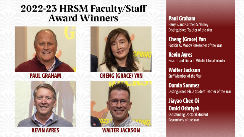 Graphic reading 2022-23 HRSM Faculty/Staff Awards with headshots of Paul Graham, Cheng (Grace) Yan, Kevin Ayres and Walter Jackson.