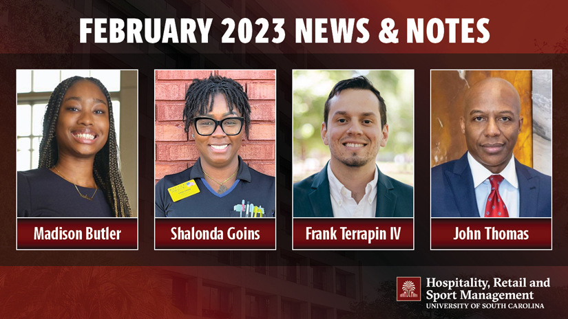 Graphic stating February 2023 News & Notes with headshots of Madison Butler, Shalonda Going, Frank Terrapin IV and John Thomas.