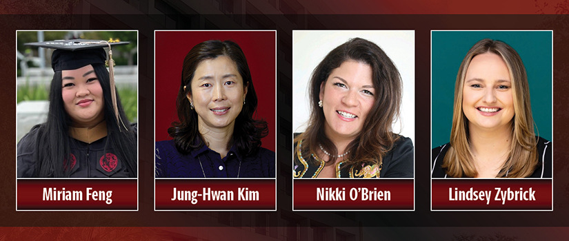 Graphic with headshots of Miriam Feng, Jung-Hwan Kim, Nikki O'Brien and Lindsey Zybrick.