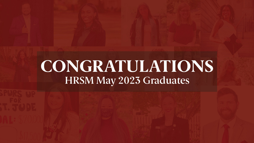 A collage of graduates with a garnet overlay and words layered on top stating "congratulations HRSM May 2023 graduates"
