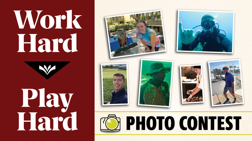 Work Hard Play Hard Photo Contest graphic with six photos of people doing various summer activities