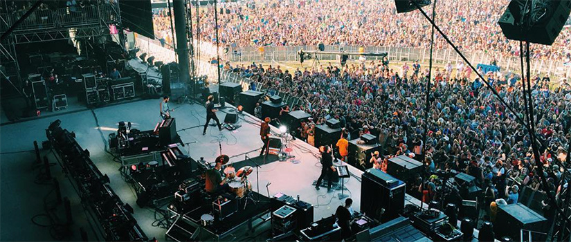 Overhead view of a band on stage at Bonnaroo