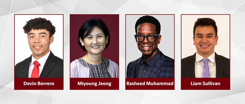 Four HRSM community members featured in a horizontal portrait lineup for the December 2025 News & Notes update. From left: Devin Borrero in a black suit with a red tie, Miyoung Jeong smiling in front of a garnet background, Rasheed Muhammad wearing glasses and a dark patterned blazer, and Liam Sullivan in a suit with a lavender tie. Each portrait is framed in garnet with their names displayed below.