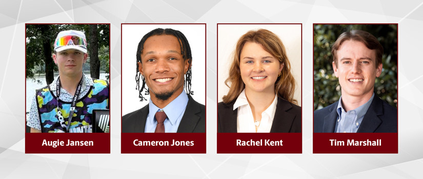 Portraits of Augie Jansen, Cameron Jones, Tim Marshall and Rachel Kent featured in the July 2025 News and Notes from the University of South Carolina College of HRSM.
