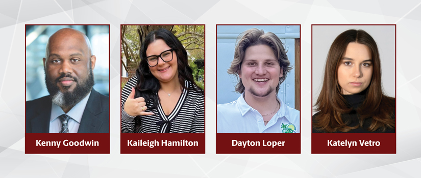 Kenny Goodwin, Kaileigh Hamilton, Dayton Loper, and Katelyn Vetro — each shown in individual portrait photos with garnet nameplates below their images on a geometric gray background.