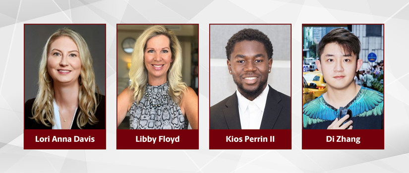 Headshots of Lori Anna Davis, Libby Floyd, Kios Perrin II, and Di Zhang, featured in the University of South Carolina College of HRSM September 2025 news and notes.