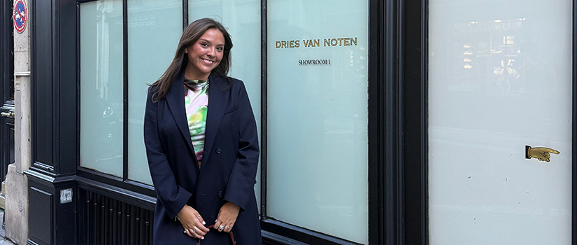 sabel Stroth standing outside the Dries Van Noten showroom in Paris during Fashion Week.