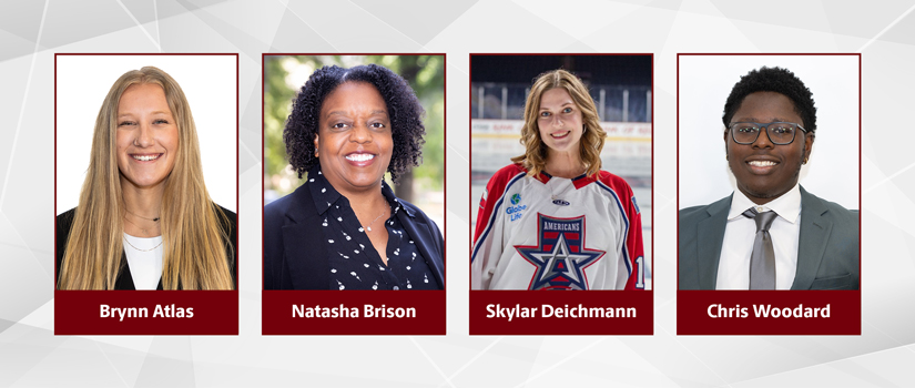 Headshots of Brynn Atlas, Natasha Brison, Skylar Deichmann and Chris Woodard featured in HRSM April 2026 News and Notes highlighting student and alumni achievements