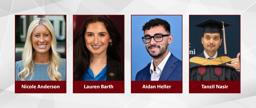 Four HRSM alumni and student portraits featured in August 2026 News and Notes: Nicole Anderson, Lauren Barth, Aidan Heller and Tanzil Nasir.