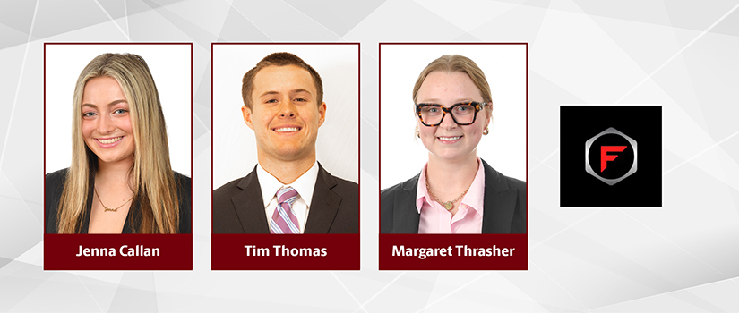 Headshots of HRSM students Jenna Callan, Tim Thomas and Margaret Thrasher recognized for their successful internships with FanCompass.