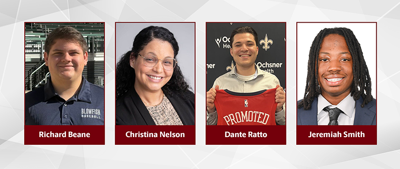 Four HRSM students and alumni featured in the February 2026 News and Notes banner, including Richard Beane, Christina Nelson, Dante Ratto holding a promoted sign, and Jeremiah Smith in a suit.