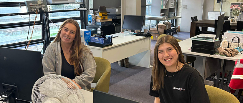 University of South Carolina sport and entertainment management students Olivia Hardy and Maddie Webster working at the Incognitus office in Sydney, Australia, during their international internship experience.
