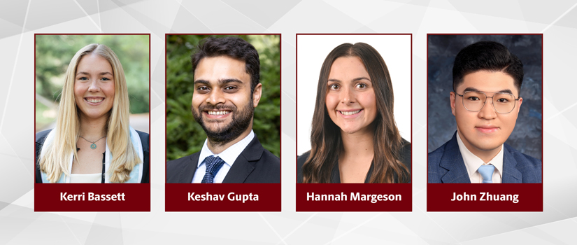 Portrait collage featuring HRSM alumni and students Kerri Bassett, Keshav Gupta, Hannah Margeson and John Zhuang highlighted in the June 2026 HRSM News and Notes update.