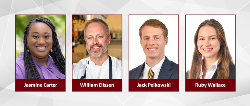 Composite graphic featuring four HRSM community members: faculty member Jasmine Carter, chef and alumnus William Dissen, sport and entertainment management student Jack Pelkowski and student Ruby Wallace, each shown in professional headshots.