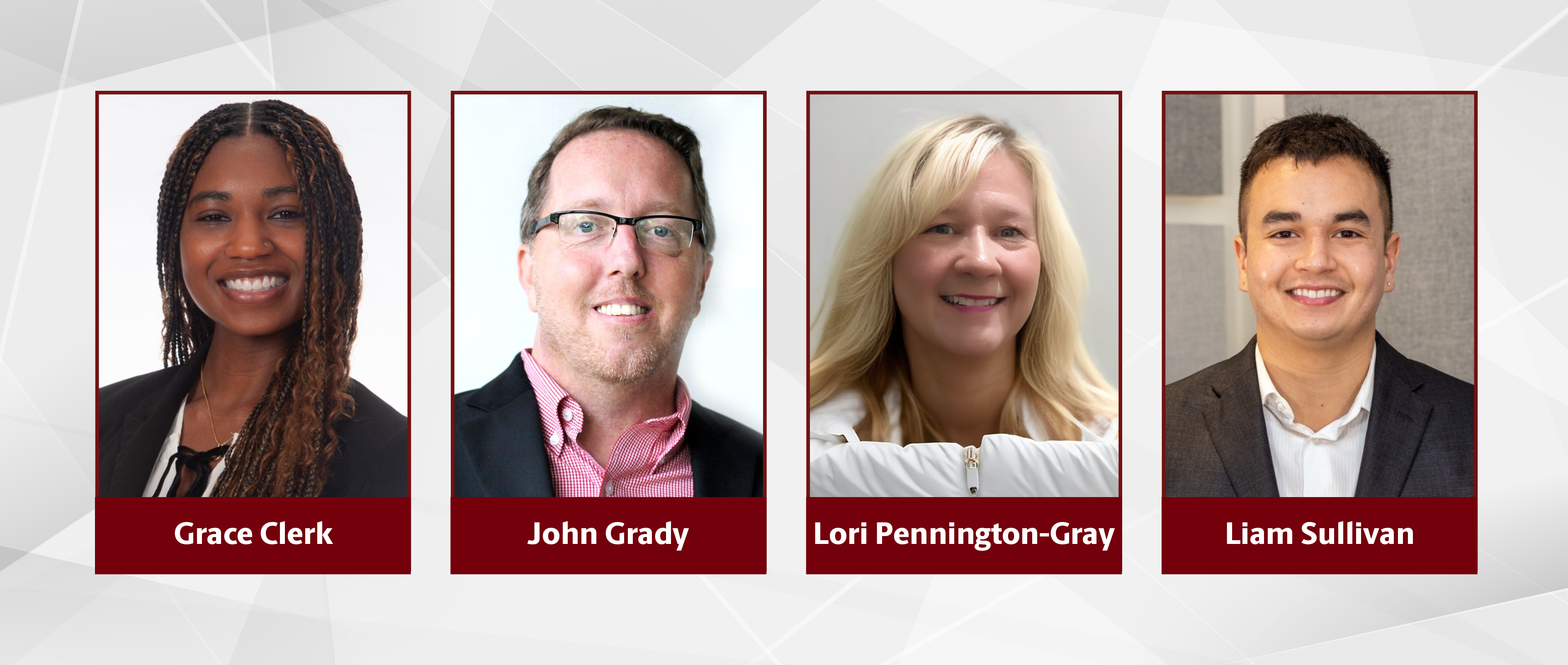 Composite graphic featuring headshots of four College of HRSM faculty and alumni: Grace Clerk, John Grady, Lori Pennington-Gray and Liam Sullivan, from left to right.
