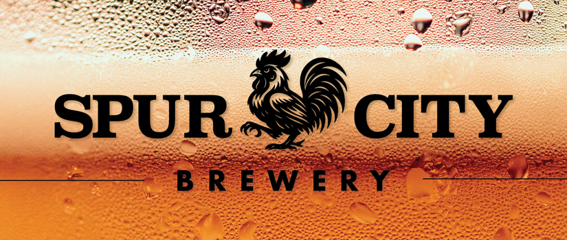 Spur City Brewery logo over a background of golden beer with condensation bubbles