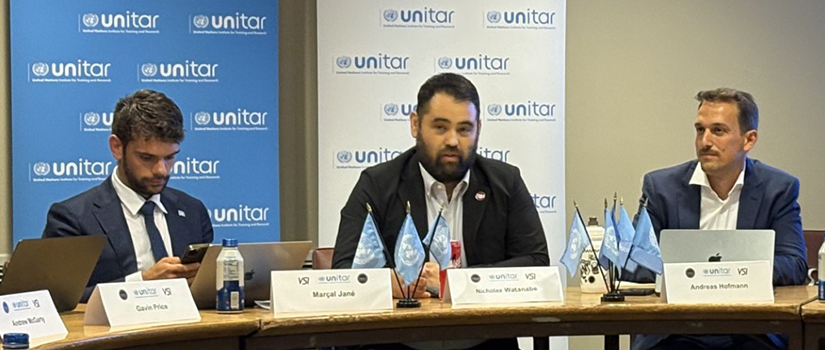 Nicholas Watanabe moderates a panel discussion on artificial intelligence, data analytics and the future of sport during the World Cup Diplomacy Summit at United Nations headquarters in New York.