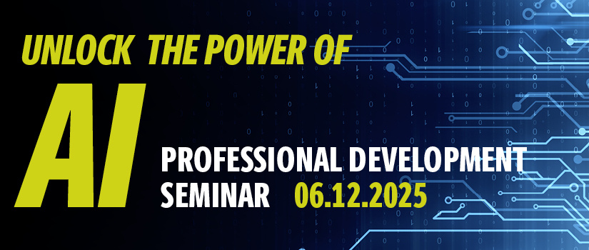 Digital banner for an AI professional development seminar with the text 'Unlock the Power of AI – Professional Development Seminar – 06.12.2025' over a blue tech circuit background with binary code elements.