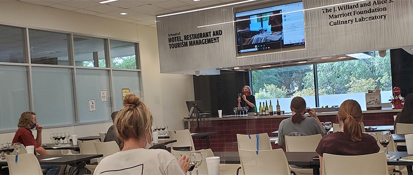 Sandy Strick, director or the Wine and Beverage Institute, conducts a wine class in the Marriott Foundation Culinary Lab at the College of HRSM.