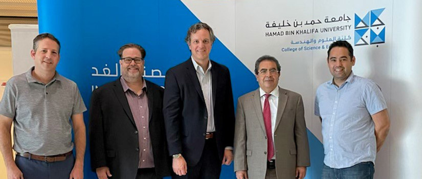 USC sport and entertainment management faculty Stephen Shapiro, Matt Brown, Sam Todd and Nick Watanabe pose with Mounir Hamdi from Hamid Bin Khalifa University (HBKU) in Doha, Qatar.