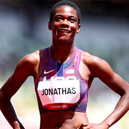 Wadeline Jonathas pauses on the track as she wins the Olympic gold medal. 
