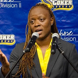 Shannon Johnson during a press conference as coach for Coker College