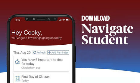 Graphic with an iPhone stating Download Navigate Student
