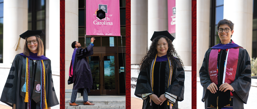Image of four USC Rice School of Law 2026 graduates in their caps and gowns