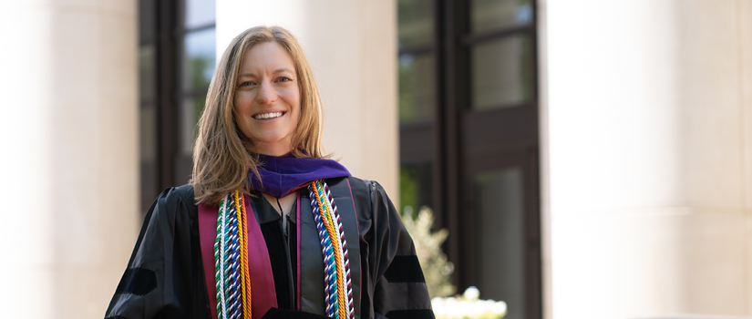 Image of recent graduate Morgan Mercer in front of the USC Rice School of Law