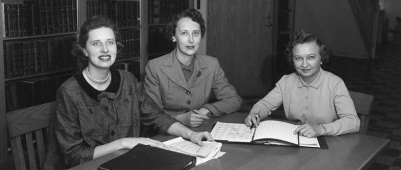 Left to right: Mrs. Keller Bumgardner, second vice president; Mrs. Harriet King, first vice president; and Sarah Leverette, president of the League of Women Voters of South Carolina in the law library at the University of South Carolina in 1958.