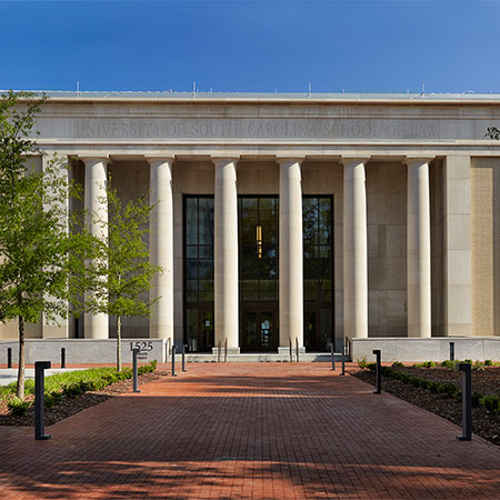Street-level view of the Senate Street entrance of the law school.