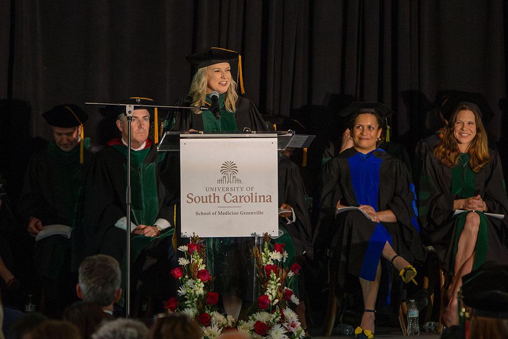 Dr. MacGilvray giving her speech at Convocation. 