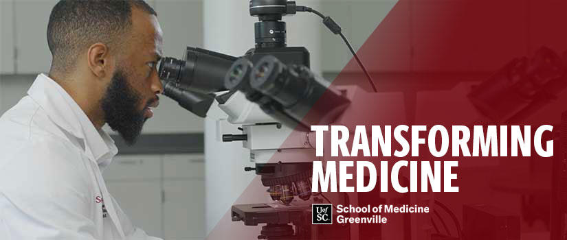 Black male med student in white coat looks into microscope. Transforming Medicine logo.