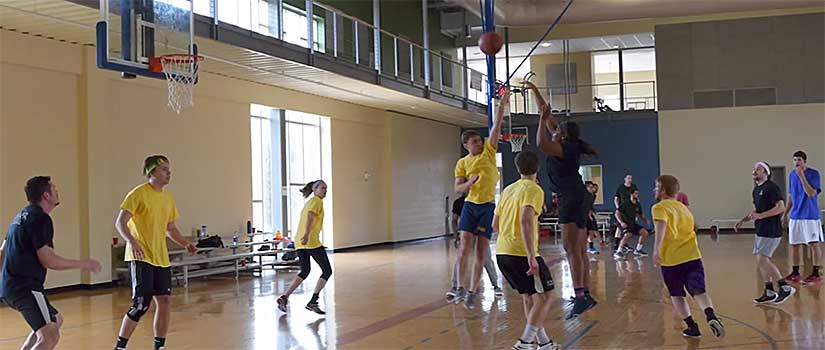 Male and female students playing basketball as part of the college cup.