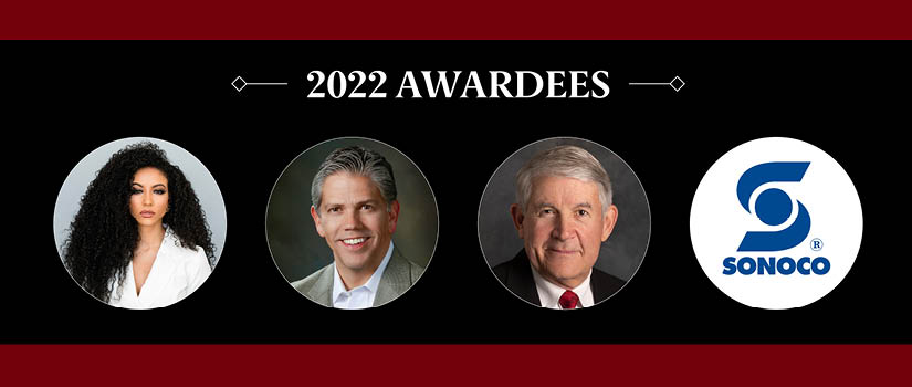 Image of 2022 Awardees - Cheslie Kryst, Tom Barnes, Scott Blackmon and the Sonoco logo