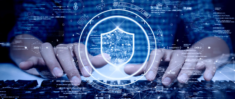 Graphic representing cybersecurity with a computer keyboard, hands and a transparent shield 